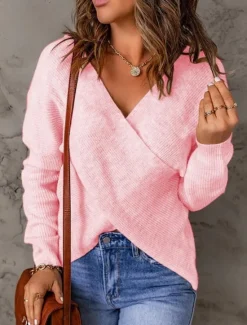 New Women's Sweater Casual Soft Pure Color Ribbed V Neck Criss Cross Knitted Long Sleeve Regular Tops Knit Outdoor Daily Weekend Pink Gray Fall Winter Women Pullovers & Tops