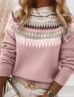 Discount Women's Sweater Casual Soft Geometric Ribbed Crew Neck Knitted Print Long Sleeve Regular Tops Knit Outdoor Daily Weekend Pink Blue Fall Winter Women Pullovers & Tops