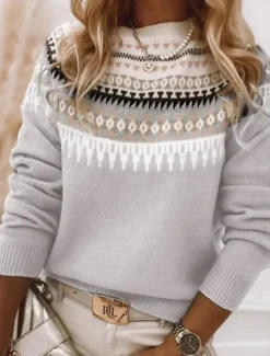 Discount Women's Sweater Casual Soft Geometric Ribbed Crew Neck Knitted Print Long Sleeve Regular Tops Knit Outdoor Daily Weekend Pink Blue Fall Winter Women Pullovers & Tops