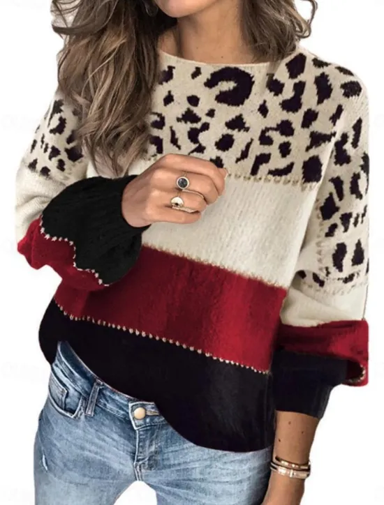 Sale Women's Sweater Casual Soft Leopard Ribbed Crew Neck Knitted Long Sleeve Regular Tops Knit Outdoor Daily Weekend Red Blue Fall Winter Women Pullovers & Tops