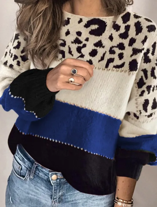 Sale Women's Sweater Casual Soft Leopard Ribbed Crew Neck Knitted Long Sleeve Regular Tops Knit Outdoor Daily Weekend Red Blue Fall Winter Women Pullovers & Tops