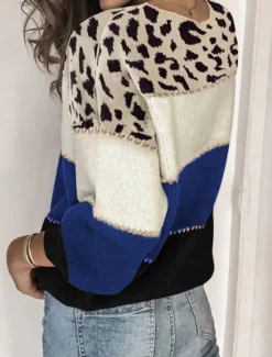 Sale Women's Sweater Casual Soft Leopard Ribbed Crew Neck Knitted Long Sleeve Regular Tops Knit Outdoor Daily Weekend Red Blue Fall Winter Women Pullovers & Tops