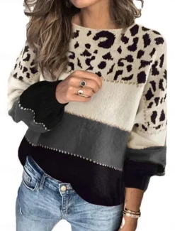 Sale Women's Sweater Casual Soft Leopard Ribbed Crew Neck Knitted Long Sleeve Regular Tops Knit Outdoor Daily Weekend Red Blue Fall Winter Women Pullovers & Tops