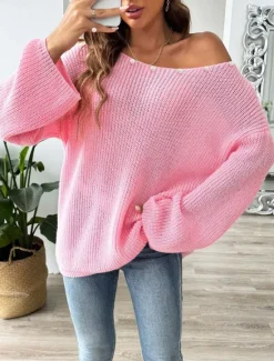 Online Women's Sweater Casual Soft Pure Color Ribbed Boat Neck Beaded Knitted Long Sleeve Regular Tops Knit Outdoor Daily Weekend Black White Fall Winter Women Pullovers & Tops