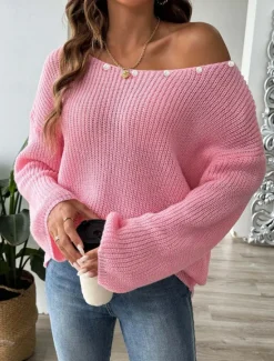 Online Women's Sweater Casual Soft Pure Color Ribbed Boat Neck Beaded Knitted Long Sleeve Regular Tops Knit Outdoor Daily Weekend Black White Fall Winter Women Pullovers & Tops
