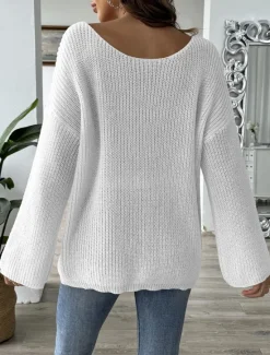 Online Women's Sweater Casual Soft Pure Color Ribbed Boat Neck Beaded Knitted Long Sleeve Regular Tops Knit Outdoor Daily Weekend Black White Fall Winter Women Pullovers & Tops