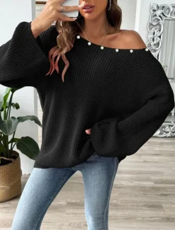 Online Women's Sweater Casual Soft Pure Color Ribbed Boat Neck Beaded Knitted Long Sleeve Regular Tops Knit Outdoor Daily Weekend Black White Fall Winter Women Pullovers & Tops