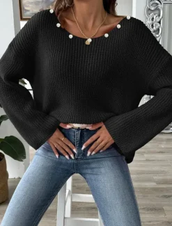 Online Women's Sweater Casual Soft Pure Color Ribbed Boat Neck Beaded Knitted Long Sleeve Regular Tops Knit Outdoor Daily Weekend Black White Fall Winter Women Pullovers & Tops