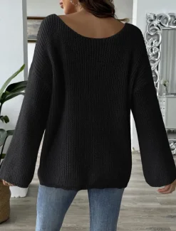 Online Women's Sweater Casual Soft Pure Color Ribbed Boat Neck Beaded Knitted Long Sleeve Regular Tops Knit Outdoor Daily Weekend Black White Fall Winter Women Pullovers & Tops