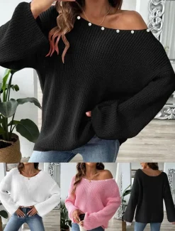 Online Women's Sweater Casual Soft Pure Color Ribbed Boat Neck Beaded Knitted Long Sleeve Regular Tops Knit Outdoor Daily Weekend Black White Fall Winter Women Pullovers & Tops