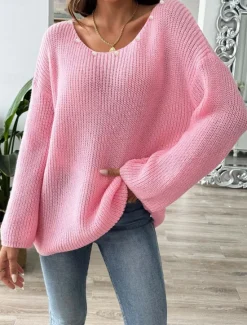 Online Women's Sweater Casual Soft Pure Color Ribbed Boat Neck Beaded Knitted Long Sleeve Regular Tops Knit Outdoor Daily Weekend Black White Fall Winter Women Pullovers & Tops