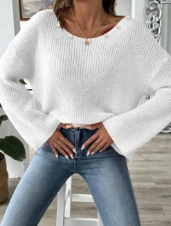Online Women's Sweater Casual Soft Pure Color Ribbed Boat Neck Beaded Knitted Long Sleeve Regular Tops Knit Outdoor Daily Weekend Black White Fall Winter Women Pullovers & Tops