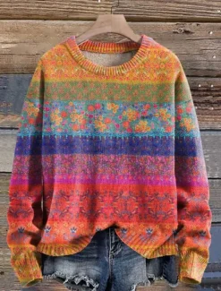 Discount Women's Sweater Casual Soft Floral Graphic Ribbed Crew Neck Knitted Print Long Sleeve Regular Tops Knit Outdoor Daily Weekend Pink Fuchsia Fall Winter Women Pullovers & Tops
