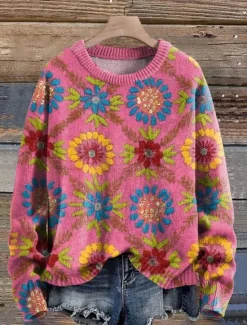 Discount Women's Sweater Casual Soft Floral Graphic Ribbed Crew Neck Knitted Print Long Sleeve Regular Tops Knit Outdoor Daily Weekend Pink Fuchsia Fall Winter Women Pullovers & Tops