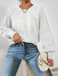 Hot Women's Sweater Casual Soft Pure Color Cable Crew Neck Knitted Long Sleeve Regular Tops Knit Outdoor Daily Weekend Black White Fall Winter Women Pullovers & Tops