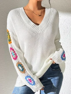 New Women's Sweater Casual Soft Floral Crochet V Neck Knitted Long Sleeve Regular Tops Knit Outdoor Daily Weekend Black White Fall Winter Women Pullovers & Tops
