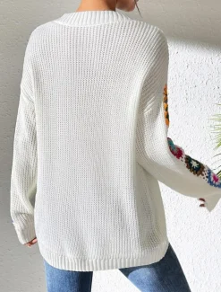 New Women's Sweater Casual Soft Floral Crochet V Neck Knitted Long Sleeve Regular Tops Knit Outdoor Daily Weekend Black White Fall Winter Women Pullovers & Tops
