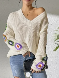 New Women's Sweater Casual Soft Floral Crochet V Neck Knitted Long Sleeve Regular Tops Knit Outdoor Daily Weekend Black White Fall Winter Women Pullovers & Tops