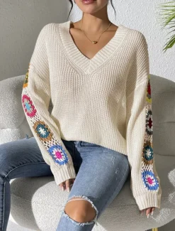 New Women's Sweater Casual Soft Floral Crochet V Neck Knitted Long Sleeve Regular Tops Knit Outdoor Daily Weekend Black White Fall Winter Women Pullovers & Tops