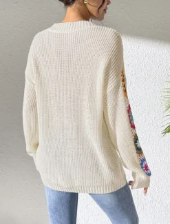 New Women's Sweater Casual Soft Floral Crochet V Neck Knitted Long Sleeve Regular Tops Knit Outdoor Daily Weekend Black White Fall Winter Women Pullovers & Tops