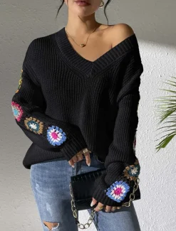 New Women's Sweater Casual Soft Floral Crochet V Neck Knitted Long Sleeve Regular Tops Knit Outdoor Daily Weekend Black White Fall Winter Women Pullovers & Tops