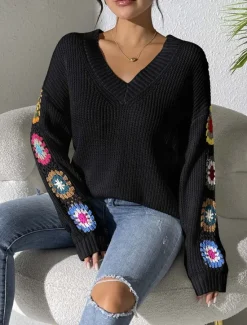 New Women's Sweater Casual Soft Floral Crochet V Neck Knitted Long Sleeve Regular Tops Knit Outdoor Daily Weekend Black White Fall Winter Women Pullovers & Tops