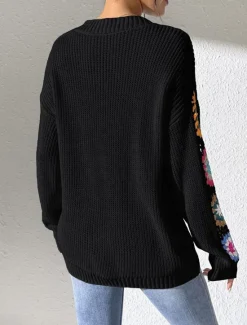 New Women's Sweater Casual Soft Floral Crochet V Neck Knitted Long Sleeve Regular Tops Knit Outdoor Daily Weekend Black White Fall Winter Women Pullovers & Tops