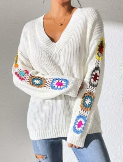 New Women's Sweater Casual Soft Floral Crochet V Neck Knitted Long Sleeve Regular Tops Knit Outdoor Daily Weekend Black White Fall Winter Women Pullovers & Tops