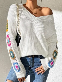 New Women's Sweater Casual Soft Floral Crochet V Neck Knitted Long Sleeve Regular Tops Knit Outdoor Daily Weekend Black White Fall Winter Women Pullovers & Tops