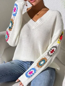 New Women's Sweater Casual Soft Floral Crochet V Neck Knitted Long Sleeve Regular Tops Knit Outdoor Daily Weekend Black White Fall Winter Women Pullovers & Tops