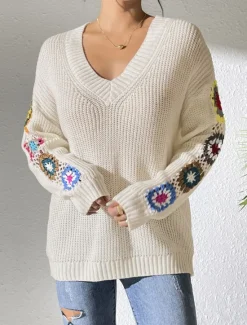 New Women's Sweater Casual Soft Floral Crochet V Neck Knitted Long Sleeve Regular Tops Knit Outdoor Daily Weekend Black White Fall Winter Women Pullovers & Tops
