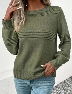 Women's Sweater Casual Soft Pure Color Ribbed Crew Neck Knitted Long Sleeve Regular Tops Knit Outdoor Daily Weekend Army Green Coffee Fall Winter Women Pullovers & Tops
