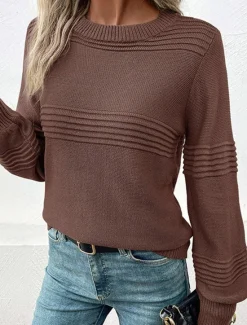 Women's Sweater Casual Soft Pure Color Ribbed Crew Neck Knitted Long Sleeve Regular Tops Knit Outdoor Daily Weekend Army Green Coffee Fall Winter Women Pullovers & Tops