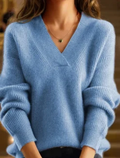Sale Women's Sweater Casual Soft Pure Color Ribbed V Neck Knitted Long Sleeve Regular Tops Knit Outdoor Daily Weekend Blue Beige Fall Winter Women Pullovers & Tops
