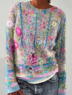 Hot Women's Sweater Casual Soft Striped Ribbed Crew Neck Knitted Print Long Sleeve Regular Tops Knit Outdoor Daily Weekend Pink Blue Fall Winter Women Pullovers & Tops
