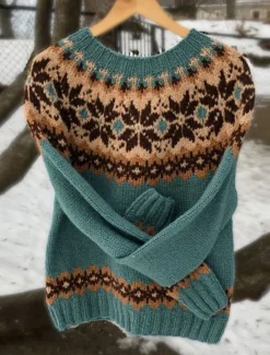 New Women's Sweater Casual Soft Geometric Ribbed Crew Neck Knitted Long Sleeve Regular Tops Knit Outdoor Daily Weekend Yellow Navy Blue Fall Winter Women Pullovers & Tops