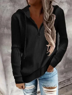 Sale Women's Sweater Casual Soft Pure Color Ribbed Hooded Knitted Long Sleeve Regular Tops Knit Outdoor Daily Weekend Black White Fall Winter Women Cardigans & Outerwears