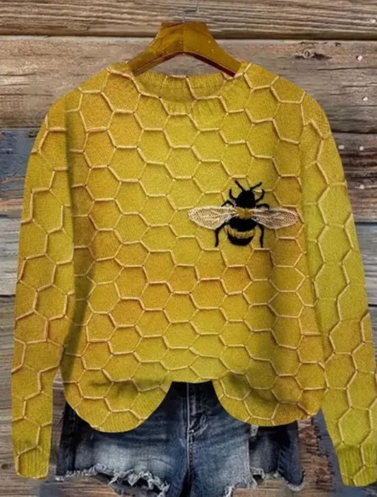 New Women's Sweater Casual Soft Floral Graphic Animal Ribbed Crew Neck Knitted Print Long Sleeve Regular Tops Knit Outdoor Daily Weekend Yellow Blue Fall Winter Women Pullovers & Tops