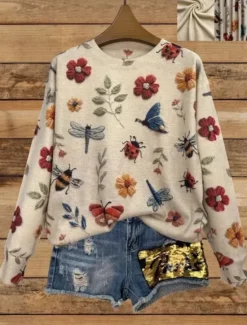 New Women's Sweater Casual Soft Floral Graphic Animal Ribbed Crew Neck Knitted Print Long Sleeve Regular Tops Knit Outdoor Daily Weekend Yellow Blue Fall Winter Women Pullovers & Tops