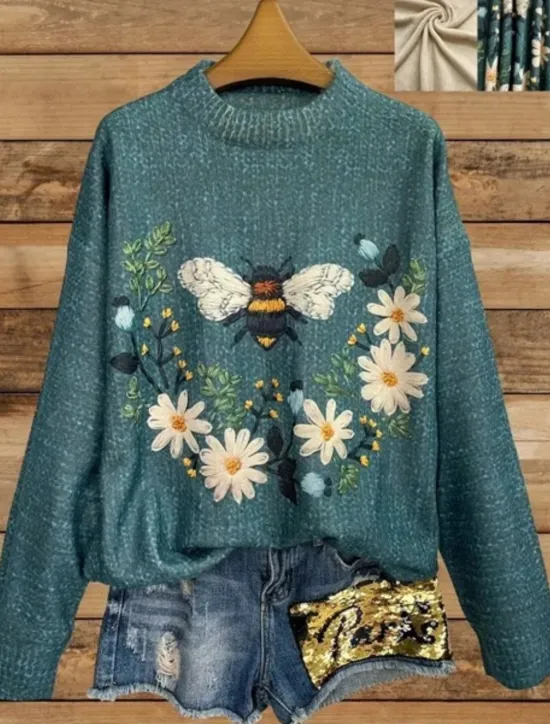 New Women's Sweater Casual Soft Floral Graphic Animal Ribbed Crew Neck Knitted Print Long Sleeve Regular Tops Knit Outdoor Daily Weekend Yellow Blue Fall Winter Women Pullovers & Tops
