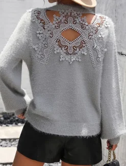 Clearance Women's Sweater Casual Soft Pure Color Ribbed Crew Neck Lace Patchwork Knitted Long Sleeve Regular Tops Knit Outdoor Daily Weekend Black White Fall Winter Women Pullovers & Tops