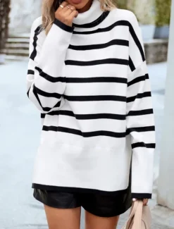 Discount Women's Sweater Casual Soft Striped Ribbed Turtleneck Knitted Long Sleeve Regular Tops Knit Outdoor Daily Weekend White Brown Fall Winter Women Pullovers & Tops