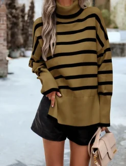 Discount Women's Sweater Casual Soft Striped Ribbed Turtleneck Knitted Long Sleeve Regular Tops Knit Outdoor Daily Weekend White Brown Fall Winter Women Pullovers & Tops