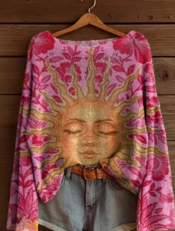 Clearance Women's Sweater Casual Soft Floral Graphic Ribbed Boat Neck Knitted Print Long Sleeve Regular Tops Knit Outdoor Daily Weekend Pink Red Spring Fall Women Pullovers & Tops