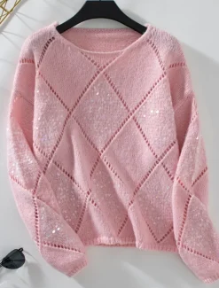 Outlet Women's Sweater Casual Soft Pure Color Ribbed Crew Neck Knitted Long Sleeve Regular Tops Knit Outdoor Daily Weekend Pink Blue Fall Women Pullovers & Tops