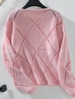 Outlet Women's Sweater Casual Soft Pure Color Ribbed Crew Neck Knitted Long Sleeve Regular Tops Knit Outdoor Daily Weekend Pink Blue Fall Women Pullovers & Tops