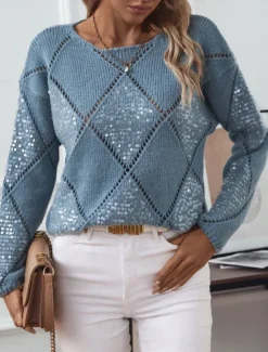 Outlet Women's Sweater Casual Soft Pure Color Ribbed Crew Neck Knitted Long Sleeve Regular Tops Knit Outdoor Daily Weekend Pink Blue Fall Women Pullovers & Tops