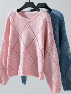 Outlet Women's Sweater Casual Soft Pure Color Ribbed Crew Neck Knitted Long Sleeve Regular Tops Knit Outdoor Daily Weekend Pink Blue Fall Women Pullovers & Tops