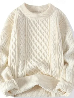 New Women's Sweater Casual Soft Pure Color Cable Crew Neck Knitted Long Sleeve Regular Tops Knit Outdoor Daily Weekend Blue Beige Fall Winter Women Pullovers & Tops