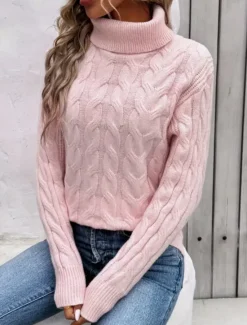 Sale Women's Sweater Casual Soft Pure Color Cable Turtleneck Knitted Long Sleeve Regular Tops Knit Outdoor Daily Weekend Pink Khaki Fall Winter Women Pullovers & Tops